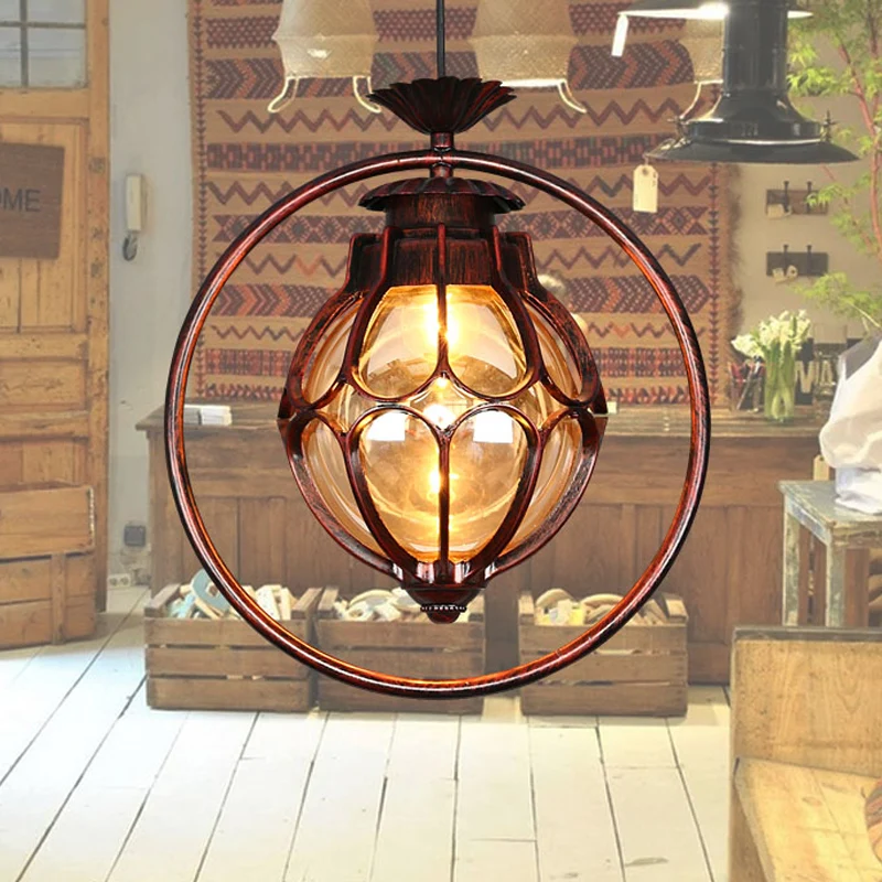 Lampe à suspension à 1 lumière, globe rustique en verre ambré, suspension en cuivre avec anneau en fer Clearhalo