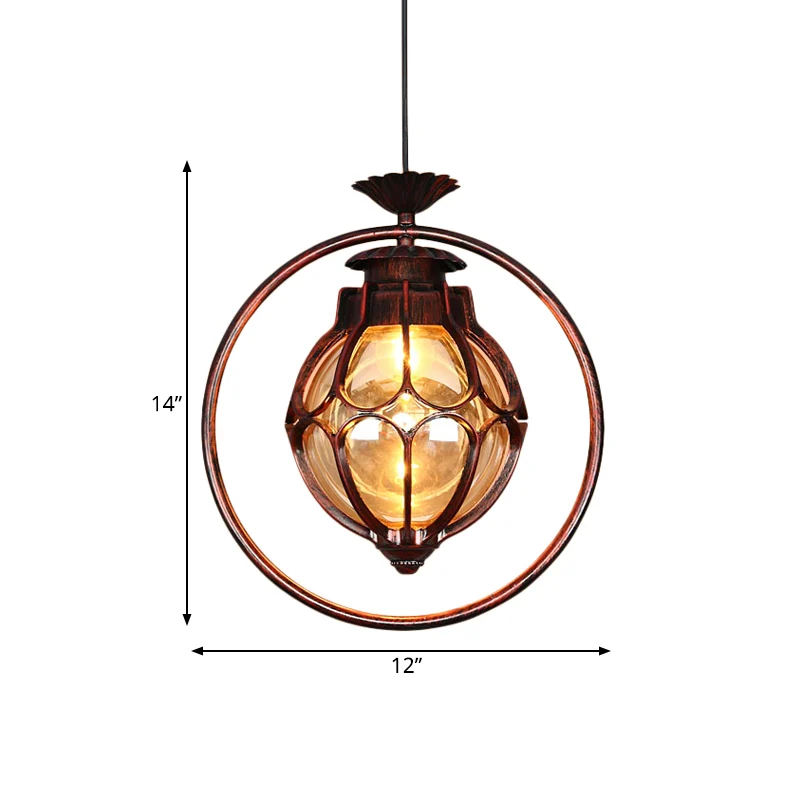 Lampe à suspension à 1 lumière, globe rustique en verre ambré, suspension en cuivre avec anneau en fer Clearhalo