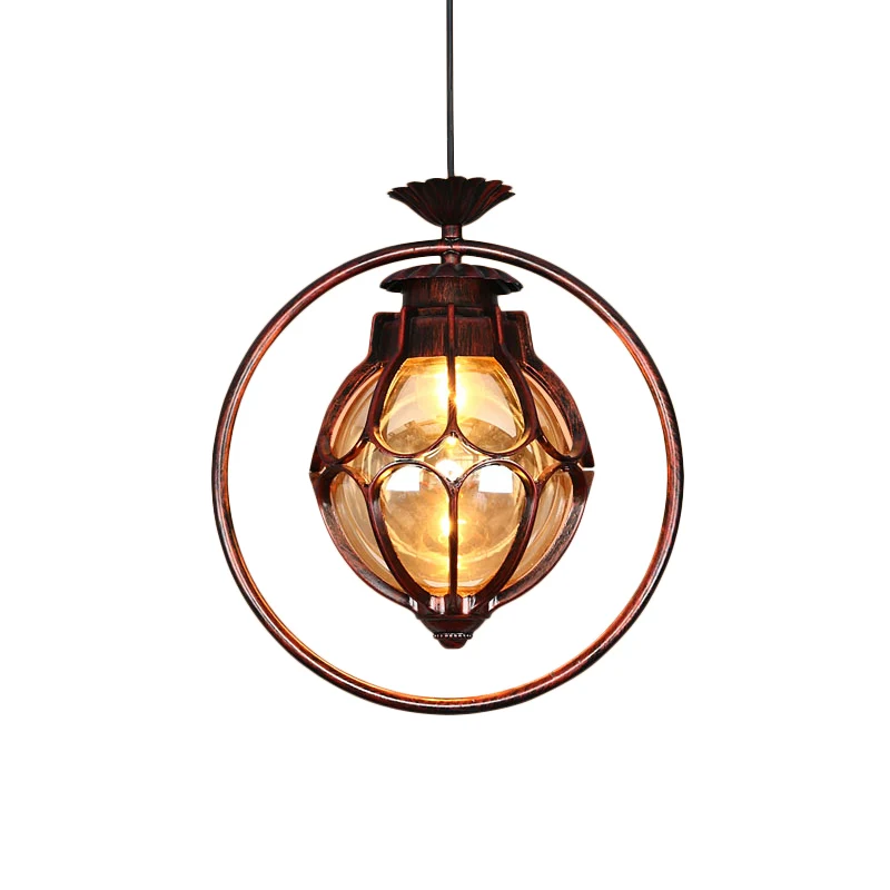 Lampe à suspension à 1 lumière, globe rustique en verre ambré, suspension en cuivre avec anneau en fer Clearhalo
