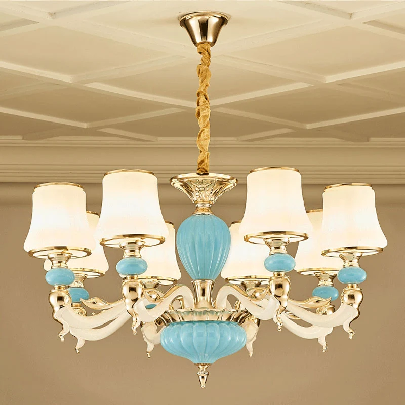 Lampe à suspension moderne en céramique conique bleu clair, luminaire d'éclairage avec abat-jour en verre opale Clearhalo