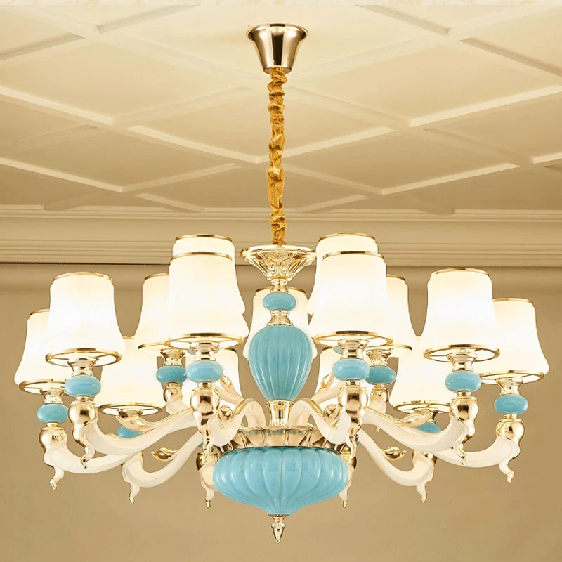 Lampe à suspension moderne en céramique conique bleu clair, luminaire d'éclairage avec abat-jour en verre opale Clearhalo