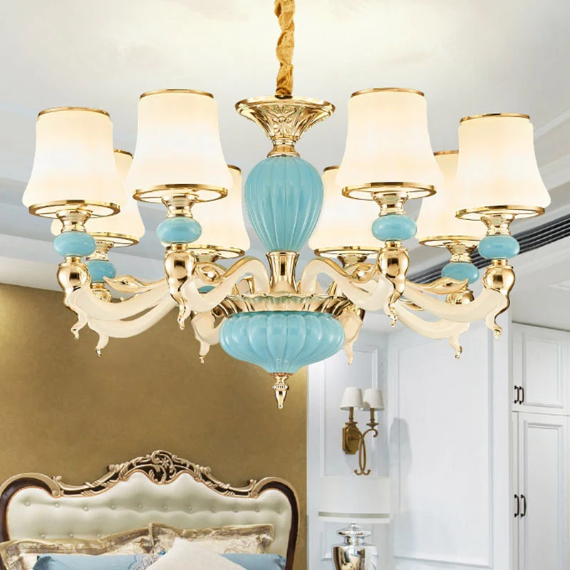 Lampe à suspension moderne en céramique conique bleu clair, luminaire d'éclairage avec abat-jour en verre opale Clearhalo