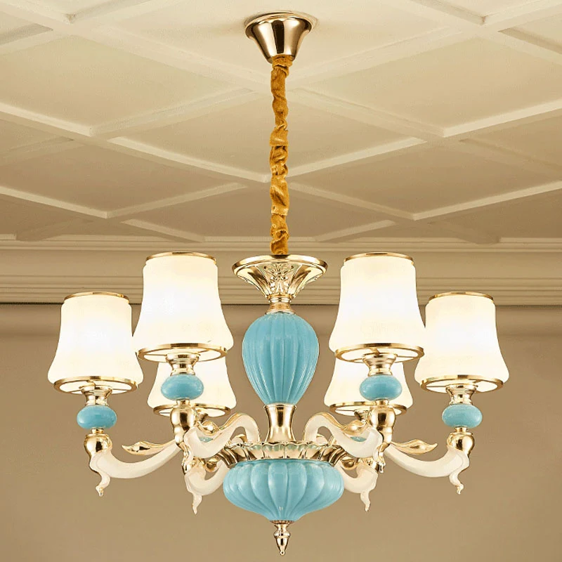 Lampe à suspension moderne en céramique conique bleu clair, luminaire d'éclairage avec abat-jour en verre opale Clearhalo