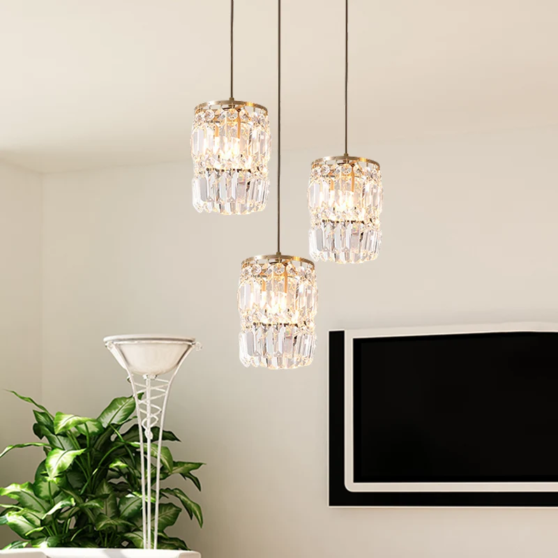 Lampe à suspension multiple en cristal cylindrique, luminaire moderne à 3 ampoules, finition en laiton, avec auvent linéai...