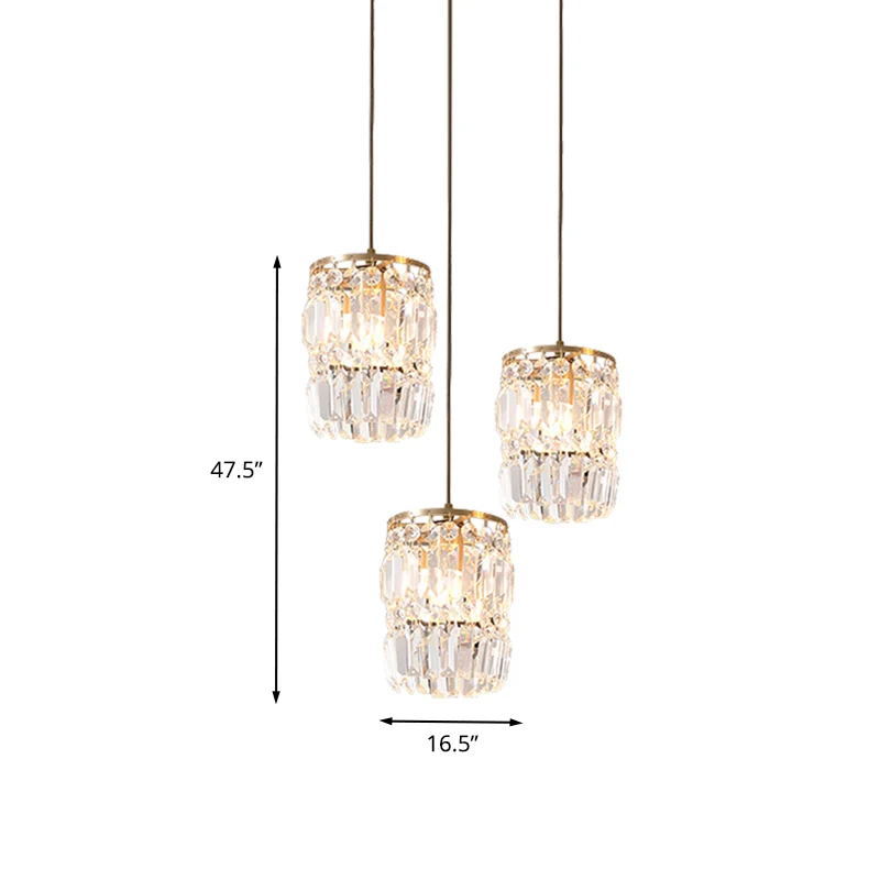 Lampe à suspension multiple en cristal cylindrique, luminaire moderne à 3 ampoules, finition en laiton, avec auvent linéai...