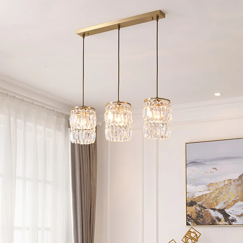 Lampe à suspension multiple en cristal cylindrique, luminaire moderne à 3 ampoules, finition en laiton, avec auvent linéai...
