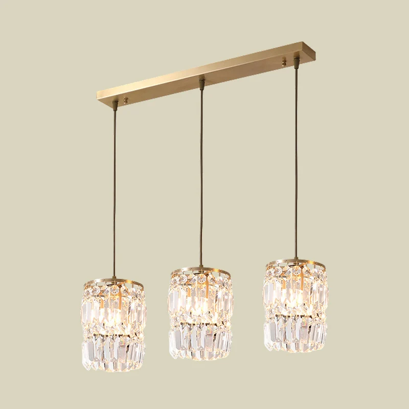 Lampe à suspension multiple en cristal cylindrique, luminaire moderne à 3 ampoules, finition en laiton, avec auvent linéai...