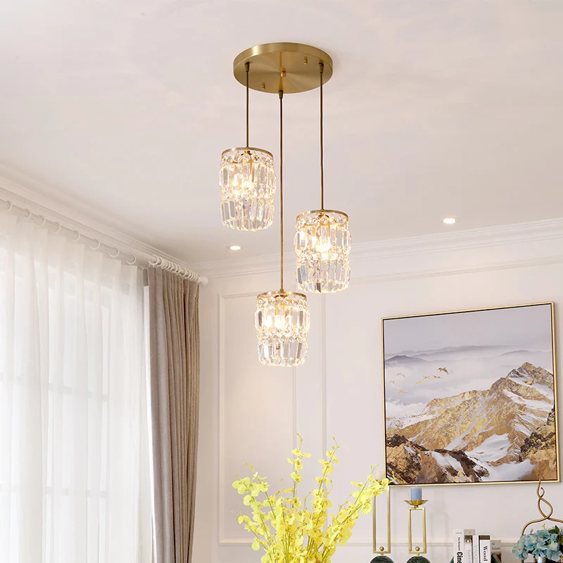 Lampe à suspension multiple en cristal cylindrique, luminaire moderne à 3 ampoules, finition en laiton, avec auvent linéai...