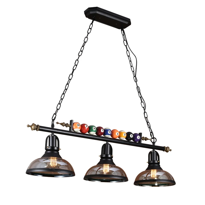 Lampe à suspension noire à 3 lumières, îlot linéaire industriel en métal avec abat-jour et boules de billard Clearhalo