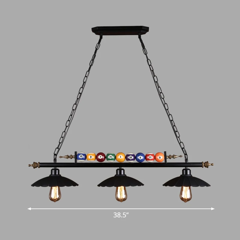 Lampe à suspension noire à 3 lumières, îlot linéaire industriel en métal avec abat-jour et boules de billard Clearhalo