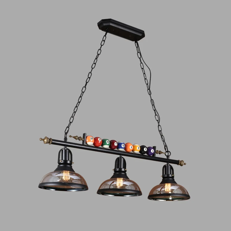 Lampe à suspension noire à 3 lumières, îlot linéaire industriel en métal avec abat-jour et boules de billard Clearhalo