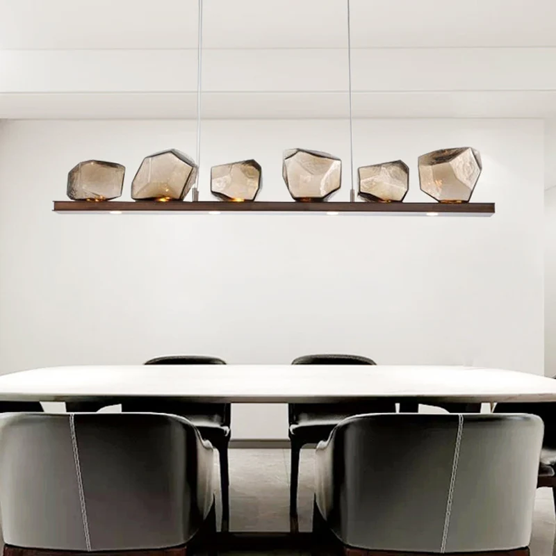 Lampe à suspension en pierre de verre ambré, luminaire minimaliste à 6 ampoules, marron Clearhalo