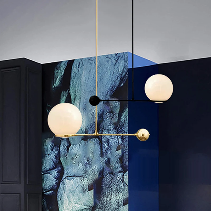 Lampe à suspension de plafond Globe Hotel en verre blanc givré, 1 tête, pendentif goutte postmoderne avec levier en noir/o...