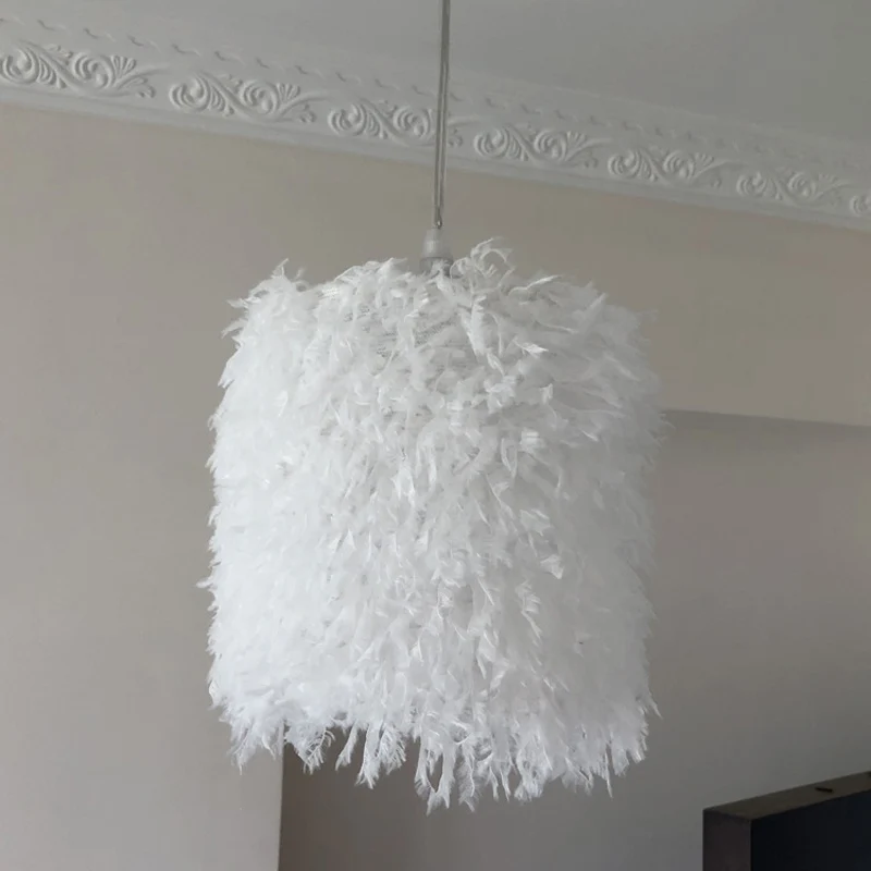 Lampe à suspension de plafond nordique à 1 ampoule, rose/blanc, cylindrique/pendentif à tambour avec abat-jour en plumes,...