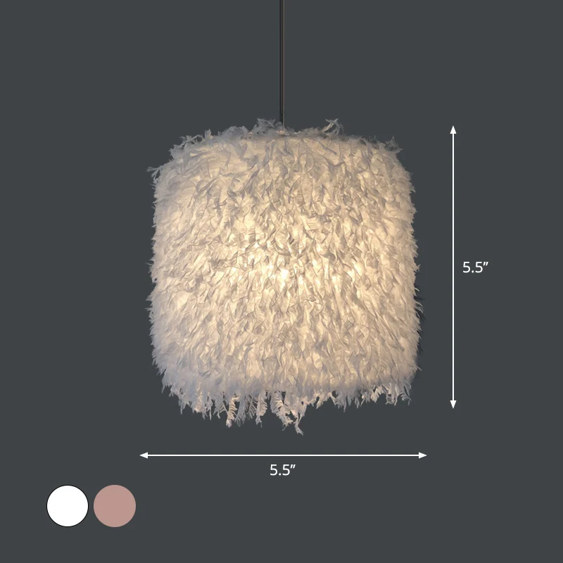 Lampe à suspension de plafond nordique à 1 ampoule, rose/blanc, cylindrique/pendentif à tambour avec abat-jour en plumes,...
