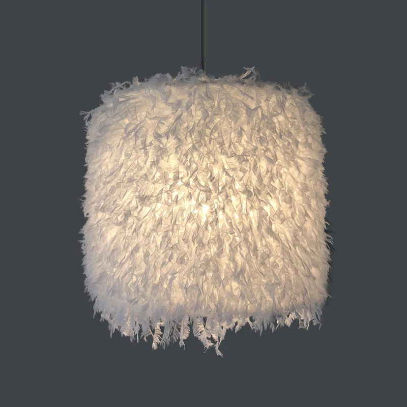 Lampe à suspension de plafond nordique à 1 ampoule, rose/blanc, cylindrique/pendentif à tambour avec abat-jour en plumes,...