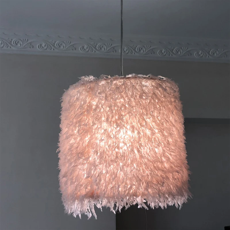 Lampe à suspension de plafond nordique à 1 ampoule, rose/blanc, cylindrique/pendentif à tambour avec abat-jour en plumes,...