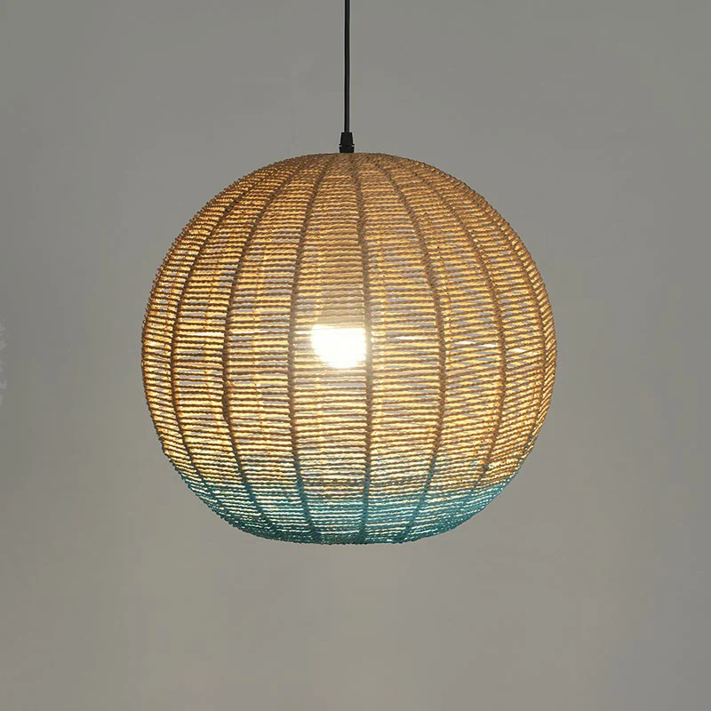 Lampe à suspension sphérique créative asiatique en rotin, plafonnier de restaurant à 1 ampoule en bois et bleu Clearhalo