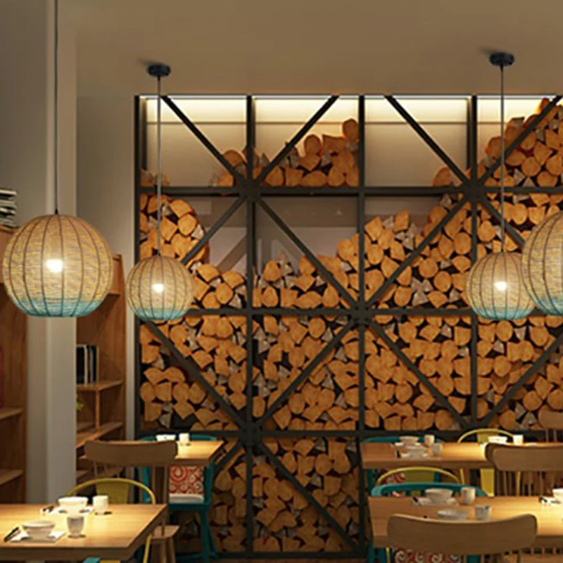 Lampe à suspension sphérique créative asiatique en rotin, plafonnier de restaurant à 1 ampoule en bois et bleu Clearhalo