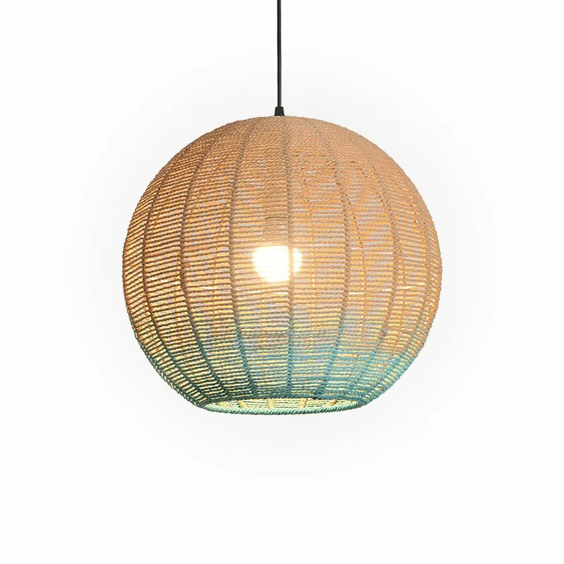 Lampe à suspension sphérique créative asiatique en rotin, plafonnier de restaurant à 1 ampoule en bois et bleu Clearhalo