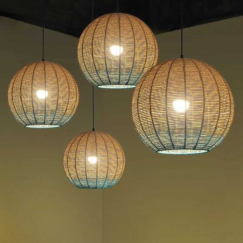 Lampe à suspension sphérique créative asiatique en rotin, plafonnier de restaurant à 1 ampoule en bois et bleu Clearhalo