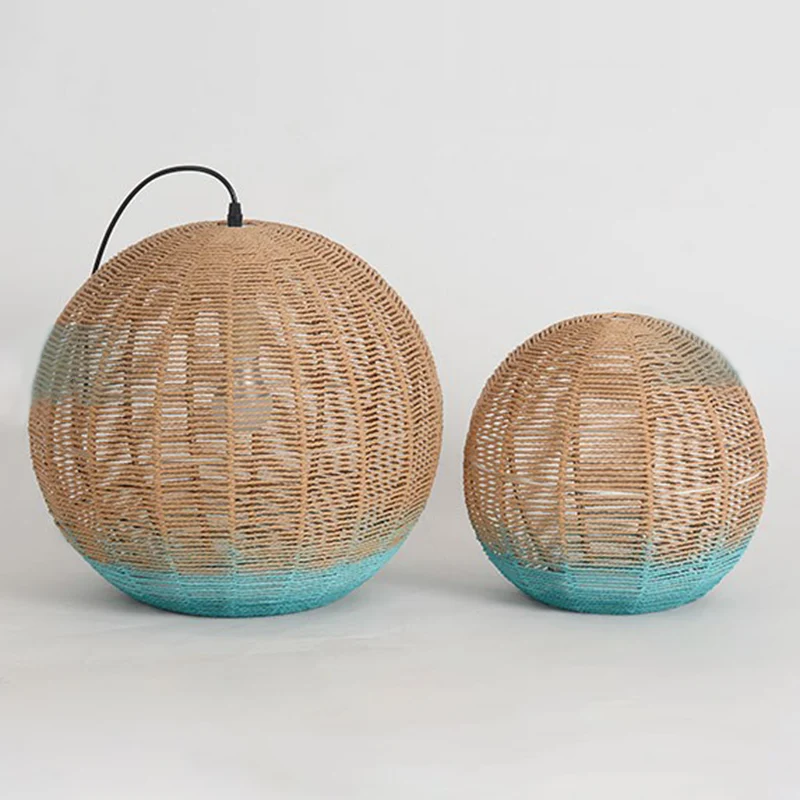 Lampe à suspension sphérique créative asiatique en rotin, plafonnier de restaurant à 1 ampoule en bois et bleu Clearhalo
