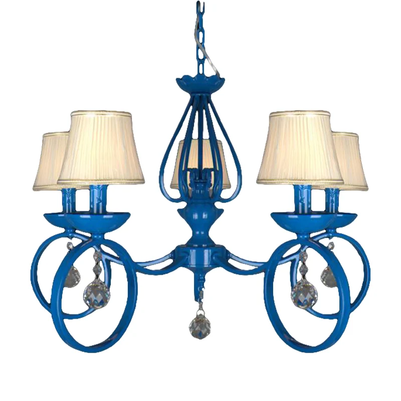 Lampe à suspension en tissu bleu cône, lustre classique à 5/6/8 lumières, luminaire pour salon avec drapage en cristal Cle...
