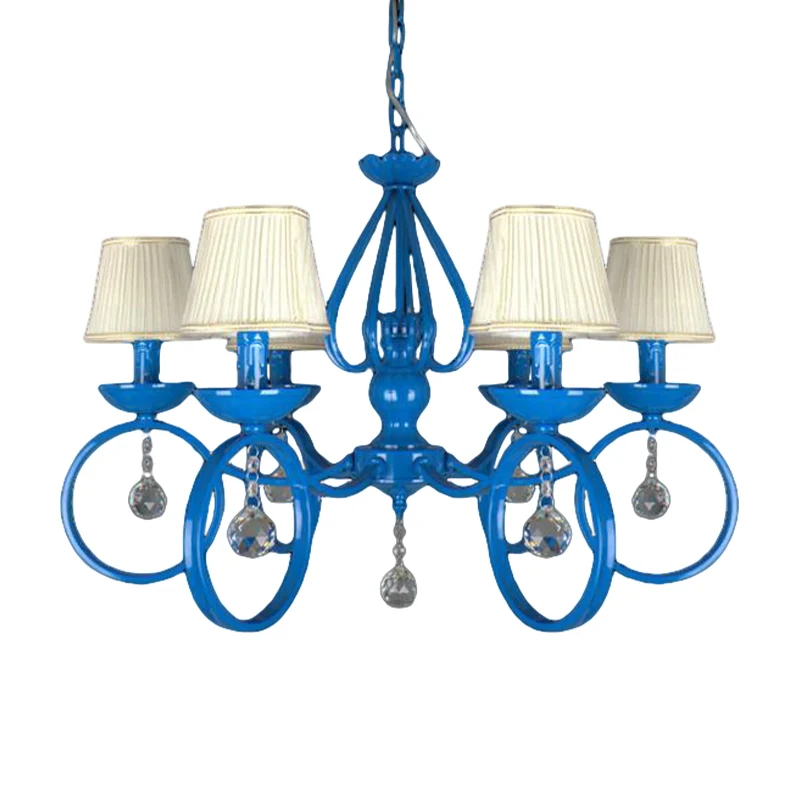 Lampe à suspension en tissu bleu cône, lustre classique à 5/6/8 lumières, luminaire pour salon avec drapage en cristal Cle...
