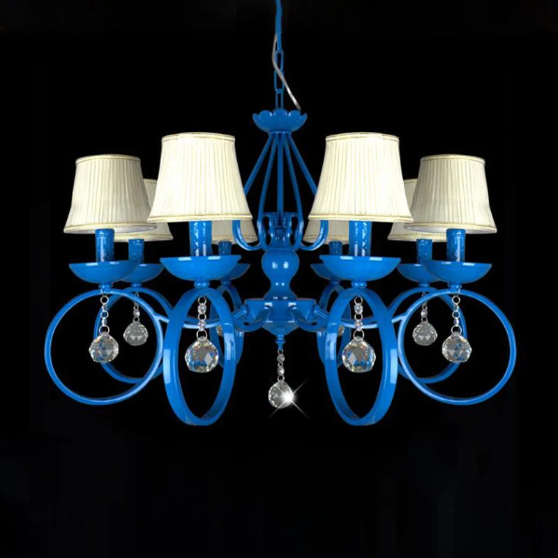 Lampe à suspension en tissu bleu cône, lustre classique à 5/6/8 lumières, luminaire pour salon avec drapage en cristal Cle...