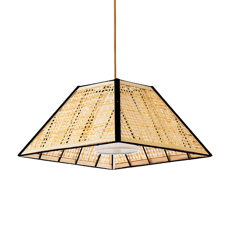 Lampe à suspension à 1 tête pour maison de thé, luminaire suspendu, Beige asiatique, avec abat-jour pyramidal en rotin Cle...