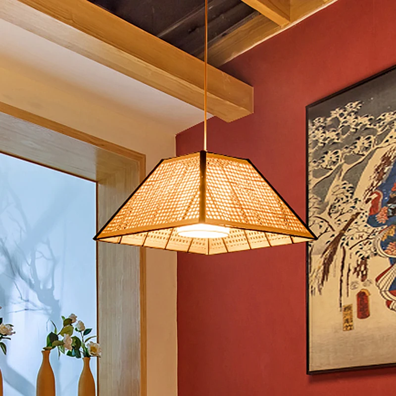 Lampe à suspension à 1 tête pour maison de thé, luminaire suspendu, Beige asiatique, avec abat-jour pyramidal en rotin Cle...