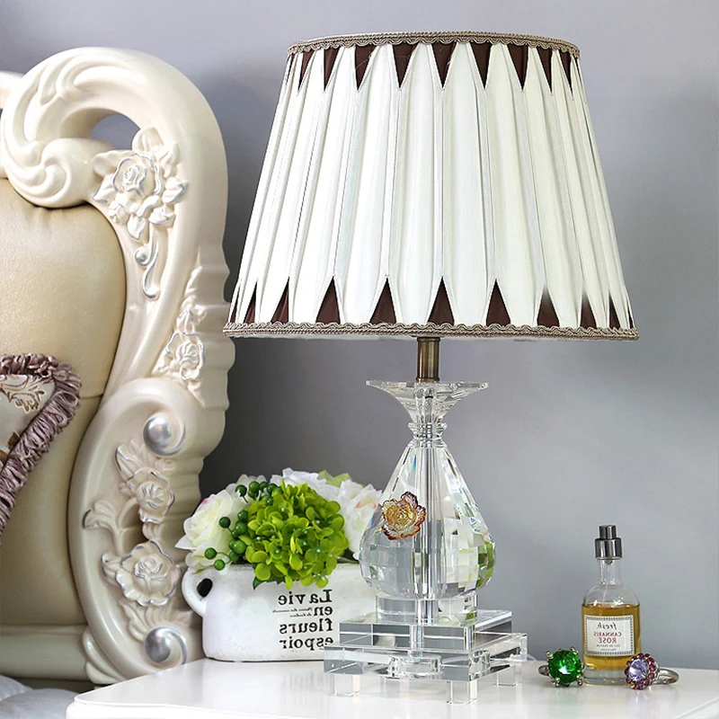 Lampe de Table à ampoule unique, abat-jour plissé Rural, veilleuse en tissu blanc avec Base en cristal pour chambre à couc...