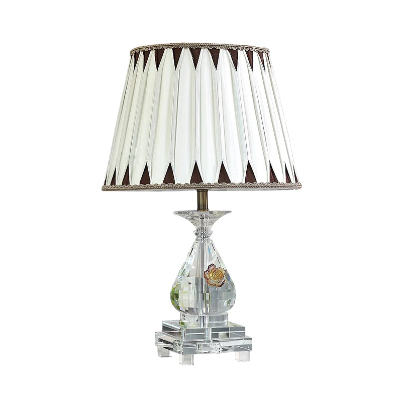 Lampe de Table à ampoule unique, abat-jour plissé Rural, veilleuse en tissu blanc avec Base en cristal pour chambre à couc...