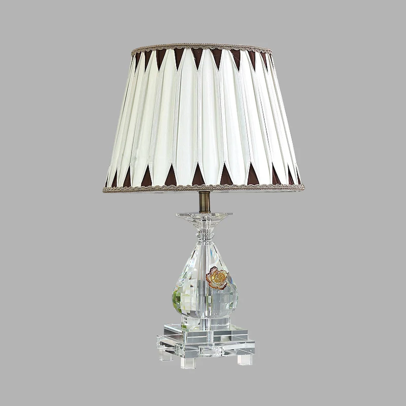 Lampe de Table à ampoule unique, abat-jour plissé Rural, veilleuse en tissu blanc avec Base en cristal pour chambre à couc...