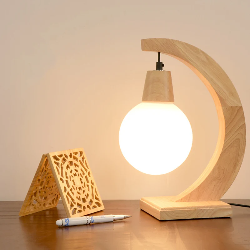 Lampe de Table en arc nordique en bois clair, 1 tête, pour chambre à coucher, avec abat-jour en verre dépoli crème, boule...