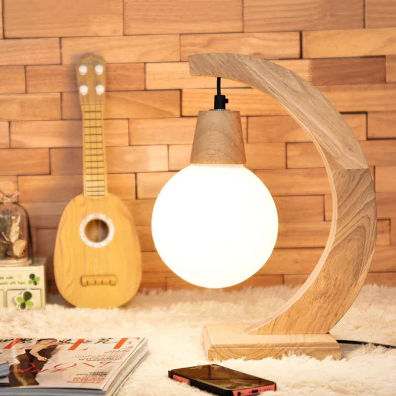 Lampe de Table en arc nordique en bois clair, 1 tête, pour chambre à coucher, avec abat-jour en verre dépoli crème, boule...