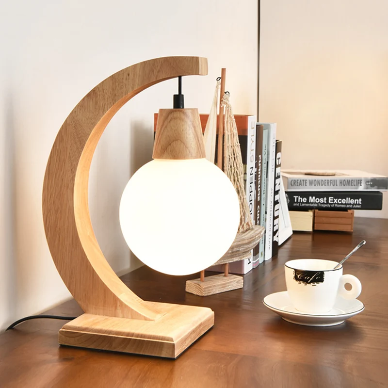 Lampe de Table en arc nordique en bois clair, 1 tête, pour chambre à coucher, avec abat-jour en verre dépoli crème, boule...