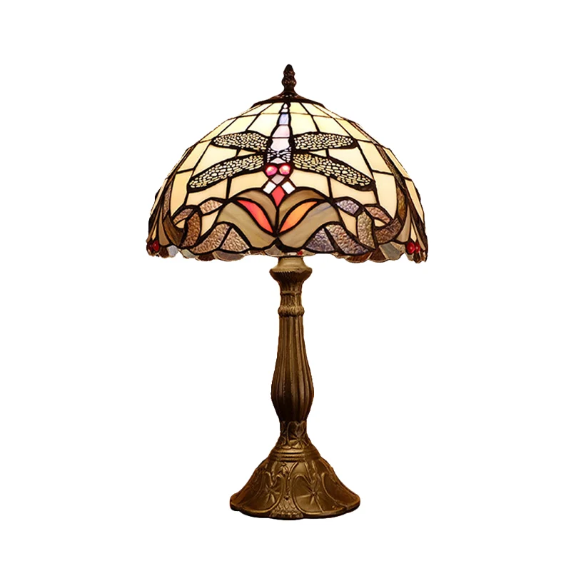 Lampe de table baroque libellule à 1 ampoule en verre teinté, bronze avec abat-jour en forme de bol Clearhalo