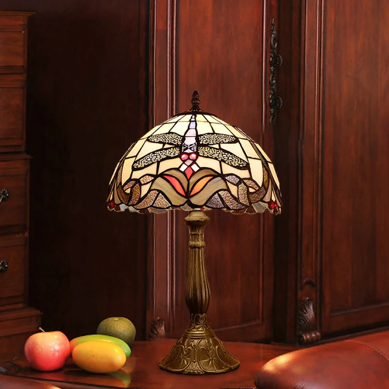 Lampe de table baroque libellule à 1 ampoule en verre teinté, bronze avec abat-jour en forme de bol Clearhalo