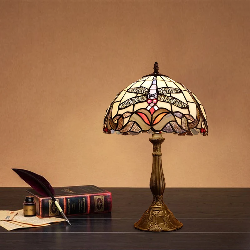Lampe de table baroque libellule à 1 ampoule en verre teinté, bronze avec abat-jour en forme de bol Clearhalo