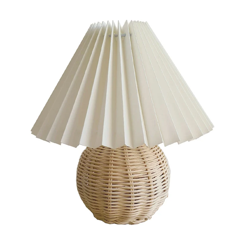 Lampe de table boule en bambou et rotin moderniste, 1 ampoule, lampe de nuit blanche avec abat-jour à cent plis Clearhalo