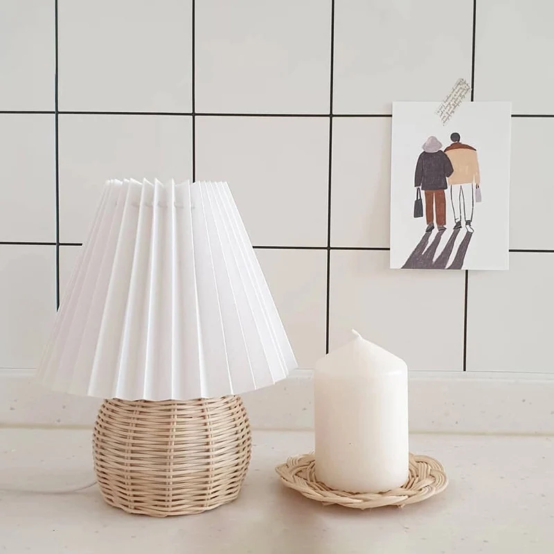 Lampe de table boule en bambou et rotin moderniste, 1 ampoule, lampe de nuit blanche avec abat-jour à cent plis Clearhalo