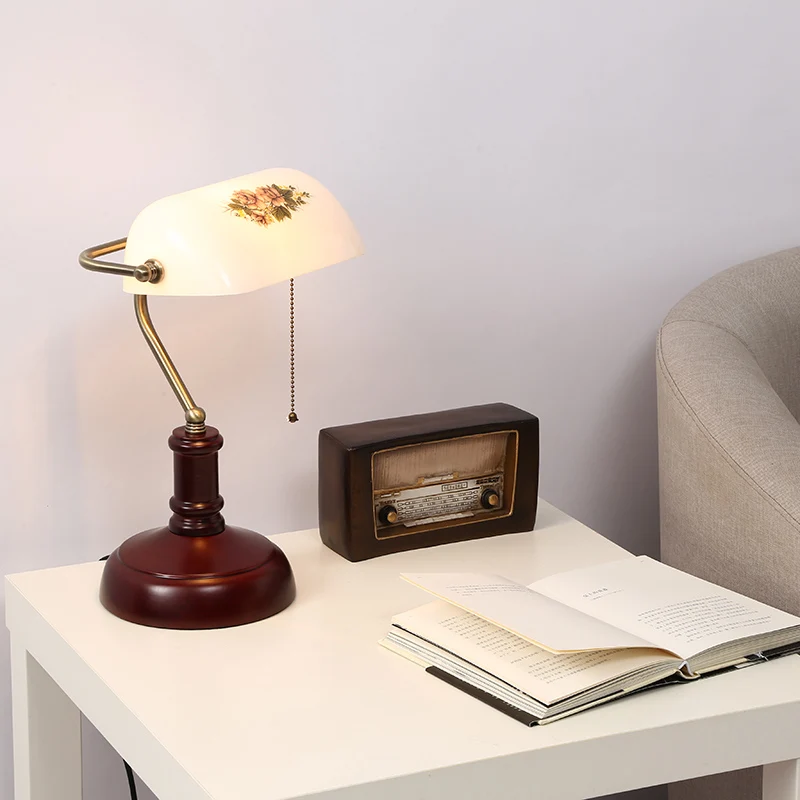 Lampe de Table à chaîne de traction simple demi-oblongue, Style Pastoral, lampe de nuit en verre blanc pour chevet Clearhalo