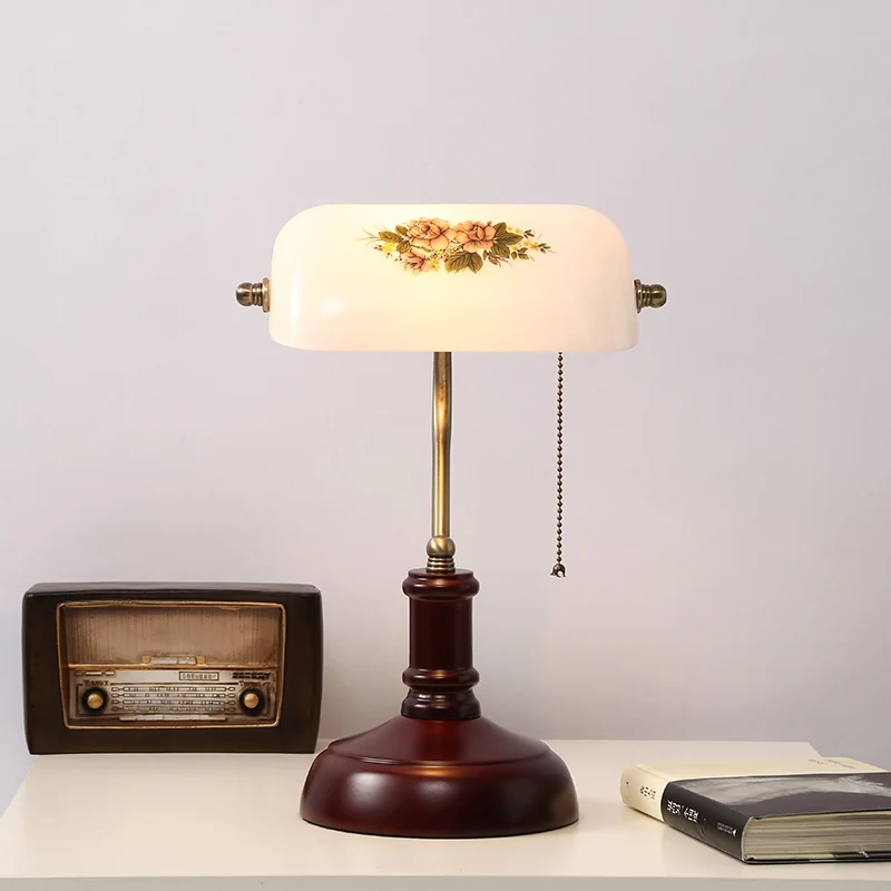Lampe de Table à chaîne de traction simple demi-oblongue, Style Pastoral, lampe de nuit en verre blanc pour chevet Clearhalo