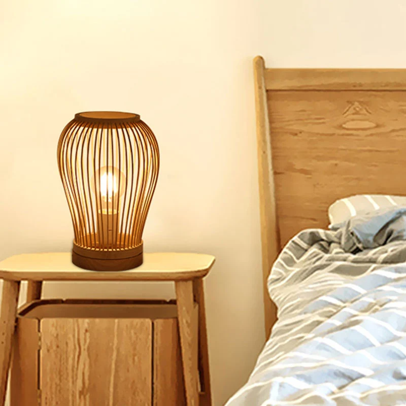 Lampe de table de chevet en bambou tissé de style asiatique, 1 ampoule, en bois Clearhalo