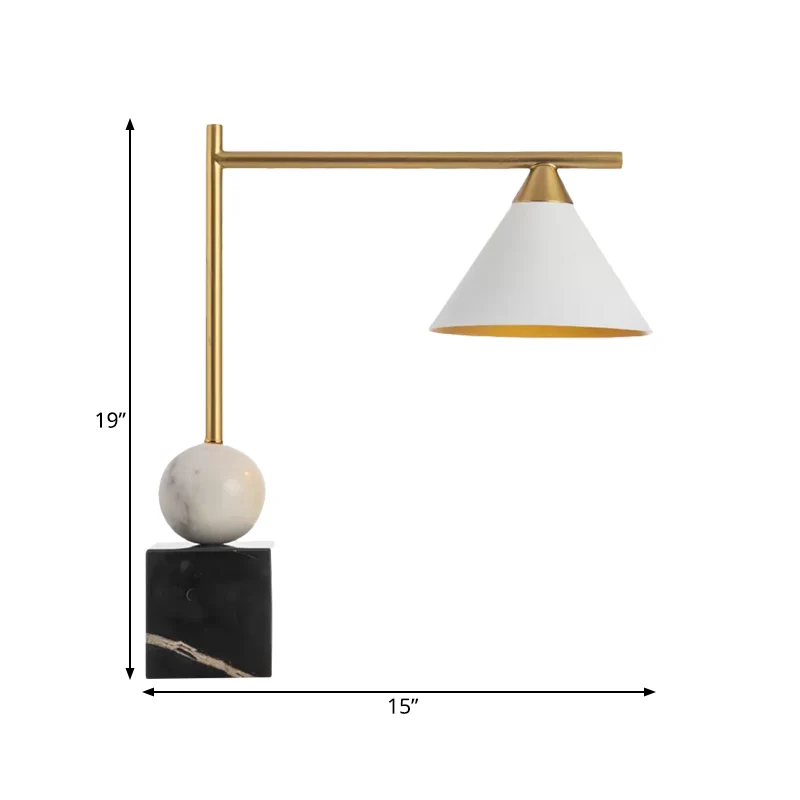 Lampe de table de chevet blanche à tête unique en métal, éclairage de bureau conique minimaliste avec Base carrée en marbr...