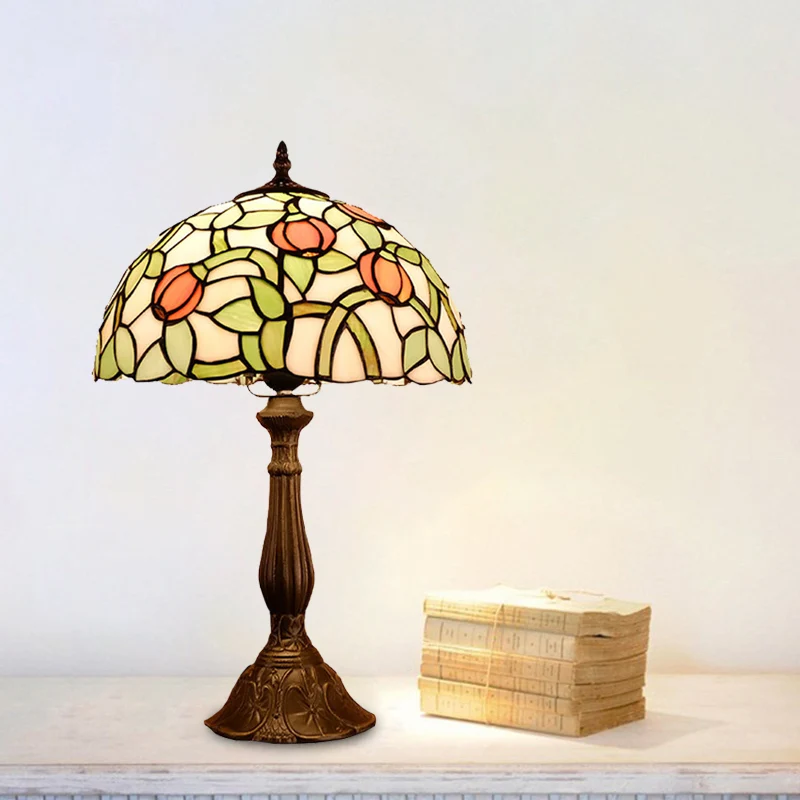 Lampe de table de chevet de chambre à coucher à 1 ampoule, lampe de table à motifs de tulipes en bronze méditerranéen avec...
