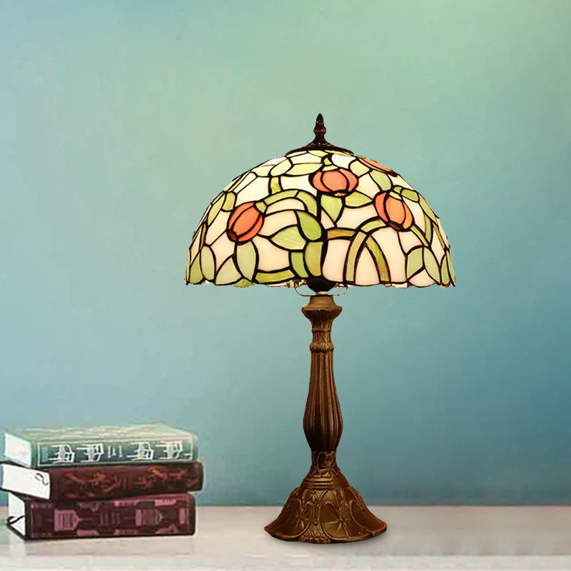 Lampe de table de chevet de chambre à coucher à 1 ampoule, lampe de table à motifs de tulipes en bronze méditerranéen avec...
