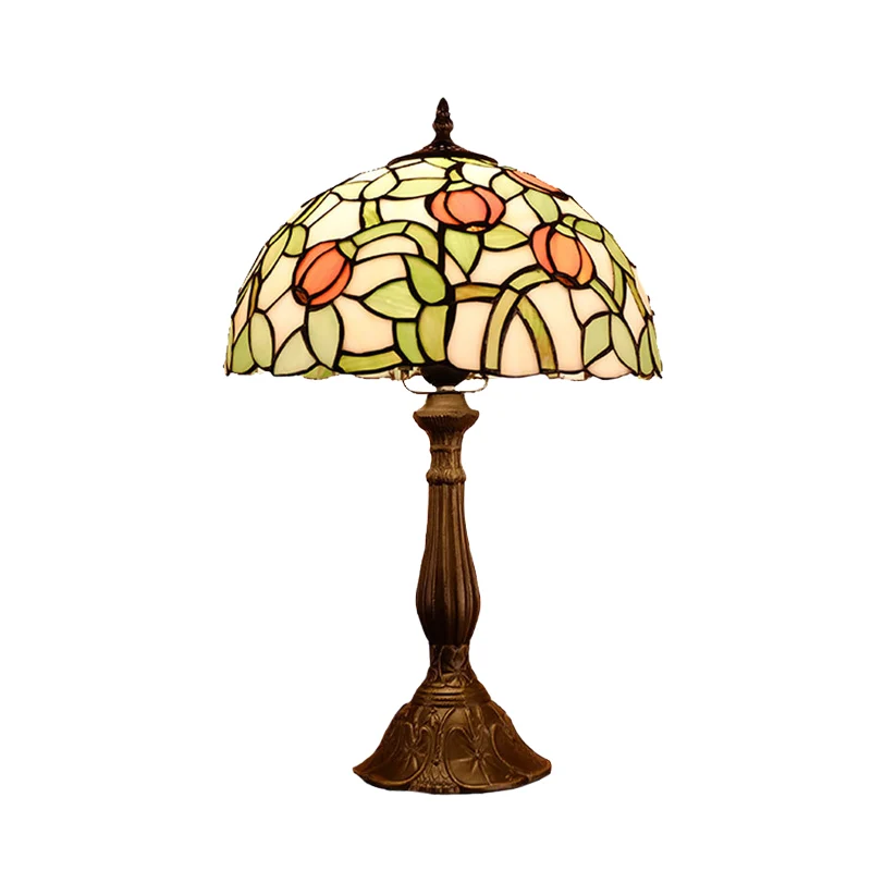 Lampe de table de chevet de chambre à coucher à 1 ampoule, lampe de table à motifs de tulipes en bronze méditerranéen avec...