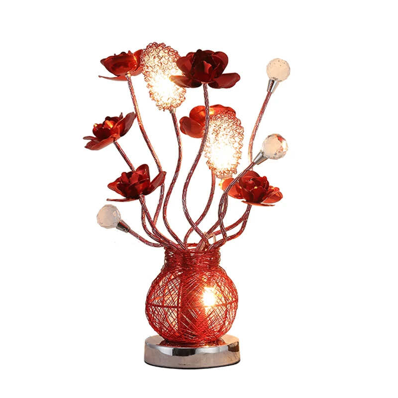 Lampe de Table de chevet à fleurs LED rouge, éclairage de Table décoratif en métal avec branche d'aile avec Base de pot Cl...